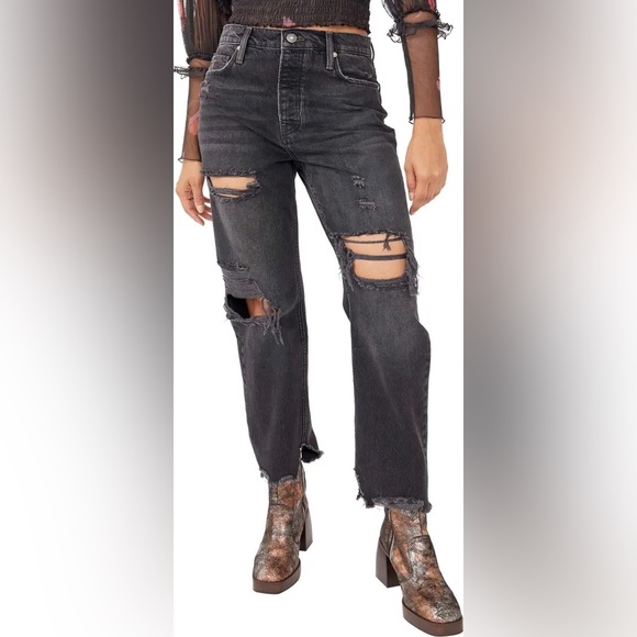 Free People We The Free Tapered Baggy Boyfriend Distressed Jeans Obsidian NEW - Picture 6 of 16